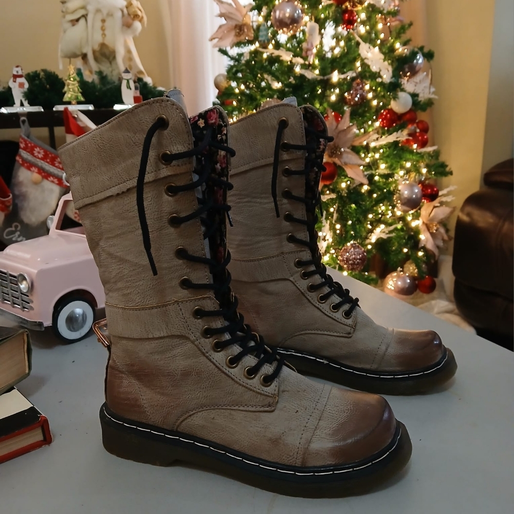 Beige Lace-Up Combat Boots